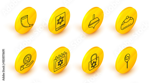 Set line Balloons with ribbon with star of david, Shopping bag, Jewish calendar, coin hand, sweet bakery, Hanukkah dreidel, torah book and Traditional ram horn, shofar icon. Vector