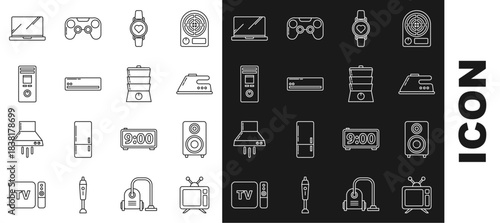 Set line Television, Stereo speaker, Electric iron, Smart watch showing heart beat rate, Air conditioner, Remote control, Laptop and Double boiler icon. Vector