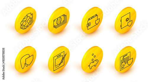 Set line Document with key with shield, Piggy bank coin, Blank notebook and pen, Tooth, Safe, Wallet money, Stacks paper cash and Crumpled ball icon. Vector