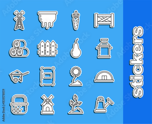 Set line Watering can, Hangar, Can container for milk, Carrot, Garden fence wooden, Roll of hay, Windmill and Pear icon. Vector