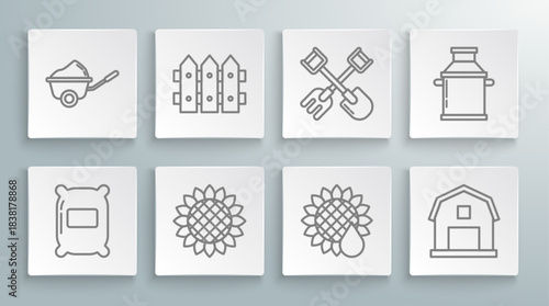 Set line Bag of flour, Garden fence wooden, Sunflower, Farm House concept, Shovel and rake, Can container for milk and Wheelbarrow with dirt icon. Vector
