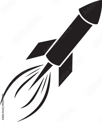 Black rocket ship blasting off with stylized smoke trails