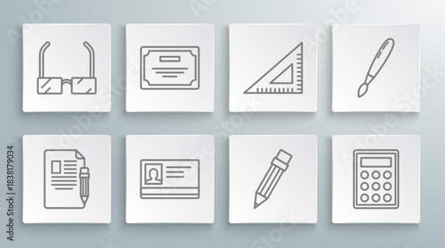 Set line Exam sheet and pencil with eraser, Certificate template, Identification badge, Pencil, Calculator, Triangular ruler, Paint brush and Glasses icon. Vector