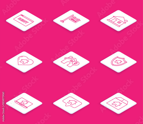 Set line Hanging sign with text Online Rent, Sale, House, heart shape, dollar symbol, shield, Laptop and smart home and Map pointer house icon. Vector