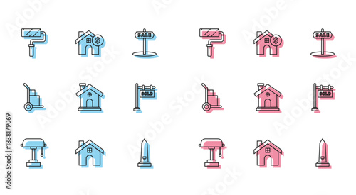 Set line Table lamp, House, Paint roller brush, Washington monument, Hanging sign with text Sold, Hand truck and boxes and dollar symbol icon. Vector
