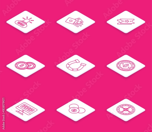 Set line Casino win, Game dice, Lottery ticket, chip with dollar, Horseshoe, Online slot machine lucky sevens jackpot and Billiard pool snooker 8 ball icon. Vector