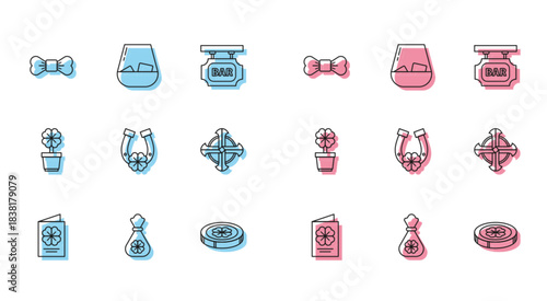 Set line Saint Patricks Day flyer, brochure, postcard, Money bag with four leaf clover, Bow tie, Gold coin, Horseshoe, Celtic cross, Four pot and Glass of whiskey icon. Vector