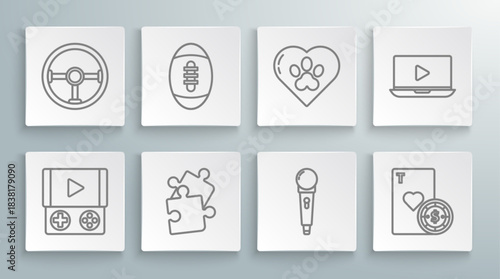 Set line Portable video game console, American Football ball, Piece of puzzle, Microphone, Casino chip and playing cards, Heart with animals footprint, Online and Steering wheel icon. Vector