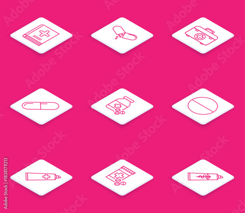 Set line Medical book, Medicine pill or tablet, First aid kit, bottle and pills, Ointment cream tube medicine and icon. Vector