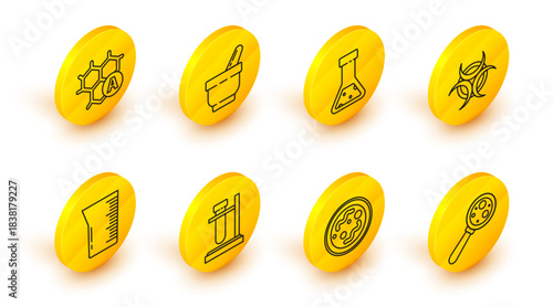 Set line Microorganisms under magnifier, Bacteria, Test tube flask on stand, Laboratory glassware beaker, Biohazard symbol, chemical, Mortar pestle and Chemical formula icon. Vector