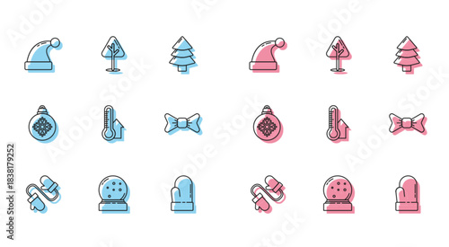 Set line Pair of knitted christmas mittens, Christmas snow globe with fallen snow, Santa Claus hat, Meteorology thermometer measuring, Bow tie, ball and tree icon. Vector