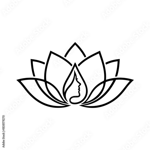Minimalist outline of a lotus flower with a subtle female profile silhouette inside the center petal