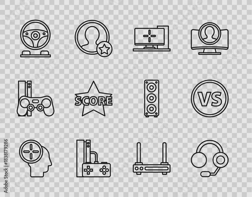Set line Head hunting concept, Headphones, Computer monitor, Game console with joystick, Racing simulator cockpit, Star, Router and wi-fi signal and VS Versus battle icon. Vector