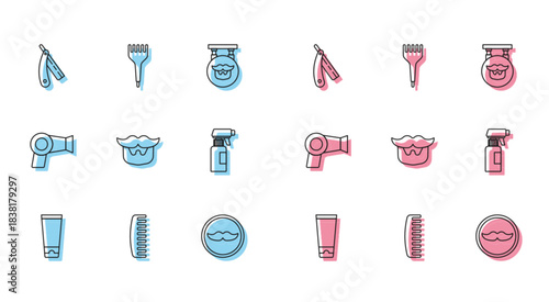 Set line Cream or lotion cosmetic tube, Hairbrush, Straight razor, Mustache, and beard, Hairdresser pistol spray bottle, dryer and icon. Vector