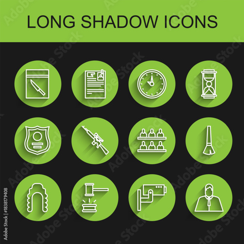 Set line Judge wig, gavel, Evidence bag and knife, Security camera, Lawyer, attorney, jurist, Sniper rifle with scope, Paint brush and Jurors icon. Vector