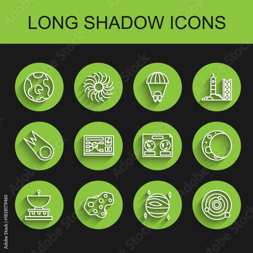 Set line Planet Saturn, Asteroid, Earth globe, Venus, Solar system, Futuristic hud interface, Moon and Celestial map of the night sky icon. Vector