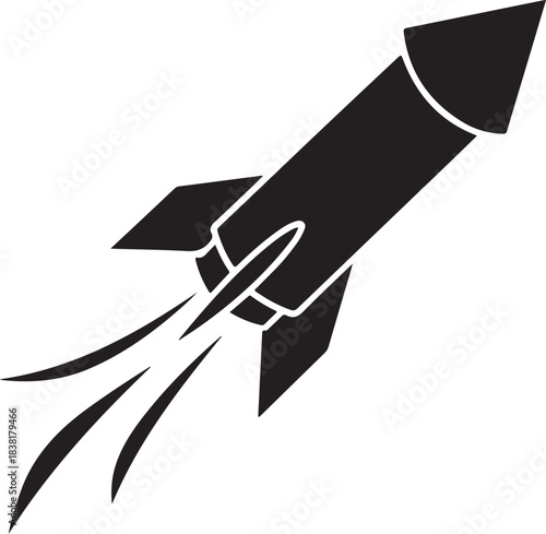 Black rocket ship with smoke trails ascending spaceship