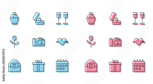 Set line Envelope with Valentine heart, Gift box, Wedding cake, Calendar, Photo camera, Amour and arrow, Flower rose and rings icon. Vector