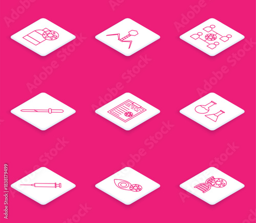 Set line Bottle with virus, Bacteria bacteriophage, Virus spread, Pipette, Clipboard blood test results, Test tube and flask, Syringe and Reddish eye due to icon. Vector