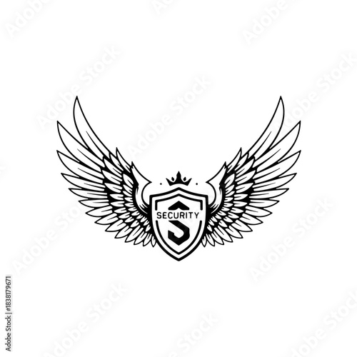 Black and white security logo with wings and shield featuring the letter s, white