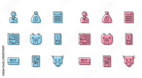 Set line Buy button, ATM and money, Trader, Bull market, Bear, Mobile with dollar, Trading courses and Money bag icon. Vector