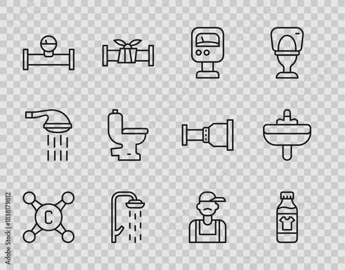 Set line Water tap, Bottle for cleaning agent, Pressure water meter, Shower, Industry pipe and manometer, Toilet bowl, Plumber and Washbasin icon. Vector
