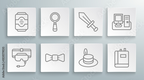Set line Virtual reality glasses, Magnifying, Bow tie, Man hat, Book, Sword for game, Monitor with keyboard and Energy drink icon. Vector
