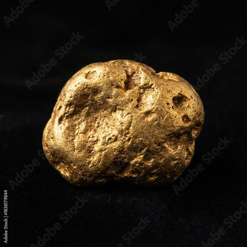 High-value gold nugget. Golden stone on a black background. Symbol of wealth, luxury, and investment. Financial and banking concept. Rising gold prices, commodity market trading worldwide.