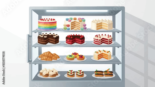 Open refrigerator showcasing assorted cakes and desserts in a bakery illustration from a front view
