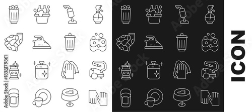 Set line Rubber gloves, Vacuum cleaner, Sponge, Electric iron, Socks, Full trash can and Trash icon. Vector