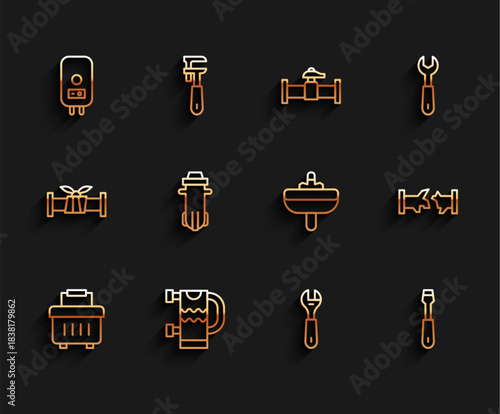 Set line Toolbox, Heated towel rail, Electric boiler, Wrench spanner, Screwdriver, Water filter, Broken pipe and Washbasin icon. Vector
