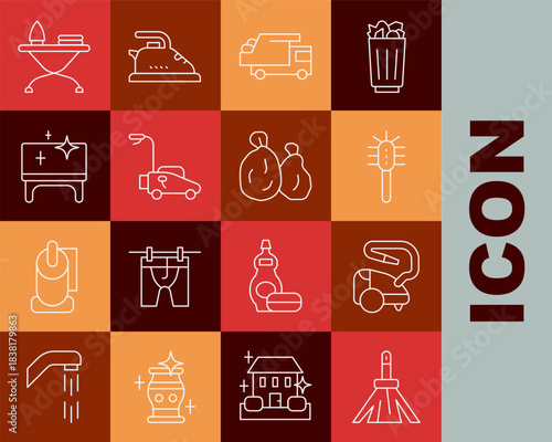 Set line Handle broom, Vacuum cleaner, Toilet brush, Garbage truck, Lawn mower, Clean table, Iron ironing board and icon. Vector