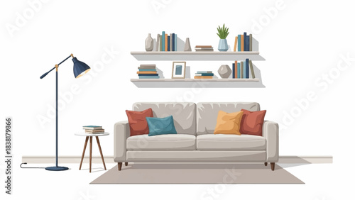 Modern Living Room Interior Design with Sofa, Floor Lamp, Side Table, and Wall Shelves in Minimalist Style