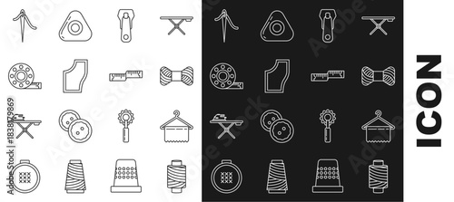 Set line Sewing thread on spool, Hanger wardrobe, Zipper, Pattern, Tape measure, Needle for sewing with and icon. Vector
