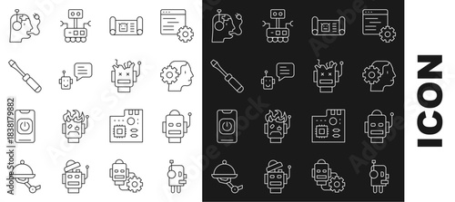 Set line Robot, Humanoid robot, blueprint, Bot, Screwdriver, charging battery and Broken icon. Vector