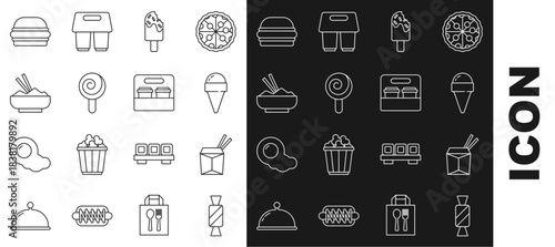 Set line Candy, Asian noodles chopsticks, Ice cream in waffle cone, Lollipop, Rice bowl with, Burger and Coffee cup to go icon. Vector