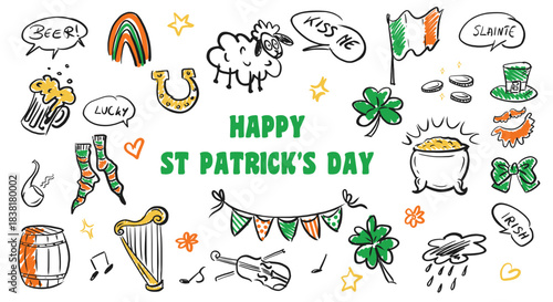 Hand-Drawn St. Patrick's Day Doodle Set: Irish Icons Collection. Perfect for greeting cards, posters, festive projects.