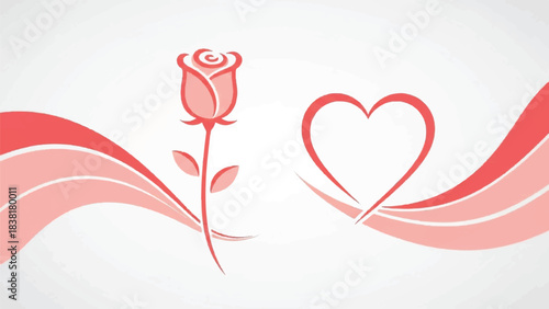 Minimalist line art of a red rose and heart with wavy lines on white background, front view, perfect for romantic graphic design