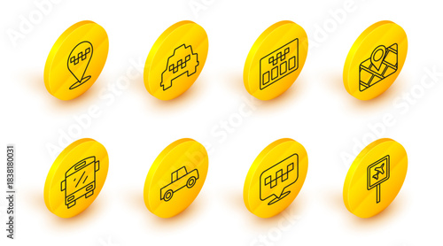Set line Airport, Location with taxi, Car, Bus, Gps device map, Taximeter, car and icon. Vector