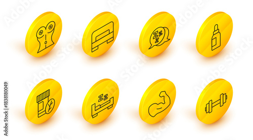 Set line Dumbbell, Bodybuilder muscle, Time to sleep, Vitamin pill, Essential oil bottle, Sleepy, Big bed and Women waist icon. Vector