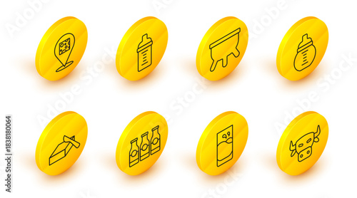 Set line Cow head, Glass with milk, Bottle, Butter in butter dish, Baby bottle, Udder, and Cheese icon. Vector