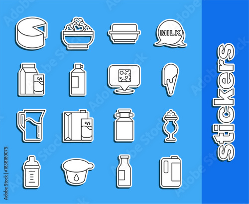 Set line Milk in plastic bottle, Milkshake, Ice cream waffle cone, Butter butter dish, Whipped, Paper package for kefir, Cheese and icon. Vector