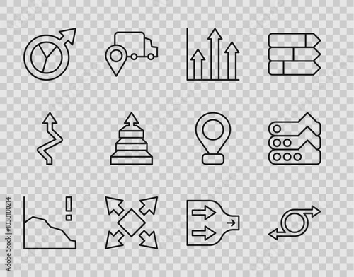 Set line Financial growth decrease, Arrow, Pie chart infographic, Many ways directional arrow, Pyramid infographics, and Graph, chart, diagram icon. Vector