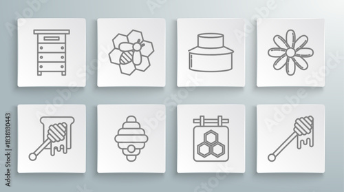 Set line Honey dipper stick with dripping honey, Bee and honeycomb, Hive for bees, Hanging sign, Beekeeper protect hat, Flower and icon. Vector