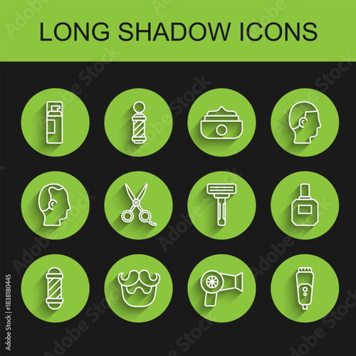 Set line Classic Barber shop pole, Mustache and beard, Shaving gel foam, Hair dryer, Electric razor blade, Scissors hairdresser, Aftershave and icon. Vector