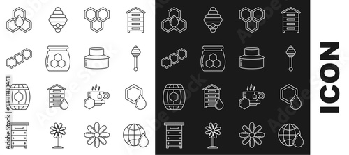 Set line Honeycomb map of the world, dipper stick, Jar honey, and Beekeeper with protect hat icon. Vector