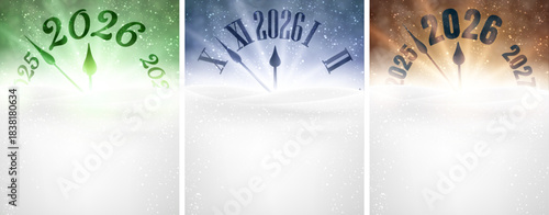 Set of snowy clocks in green, blue, and gold themes marking the approach of 2026. Vector illustration.