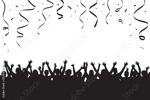 Black silhouette crowd with hands raised and confetti