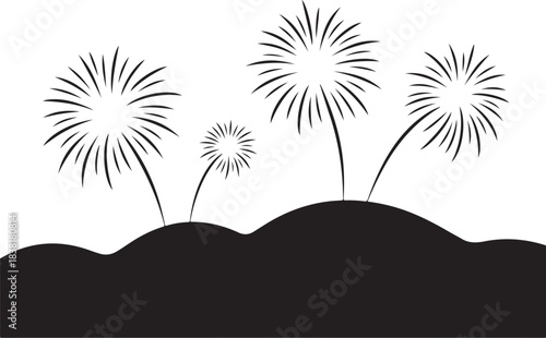 Black silhouette fireworks exploding over rolling hills