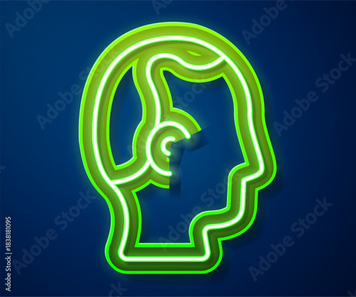 Glowing neon line Baldness icon isolated on blue background. Alopecia. Vector